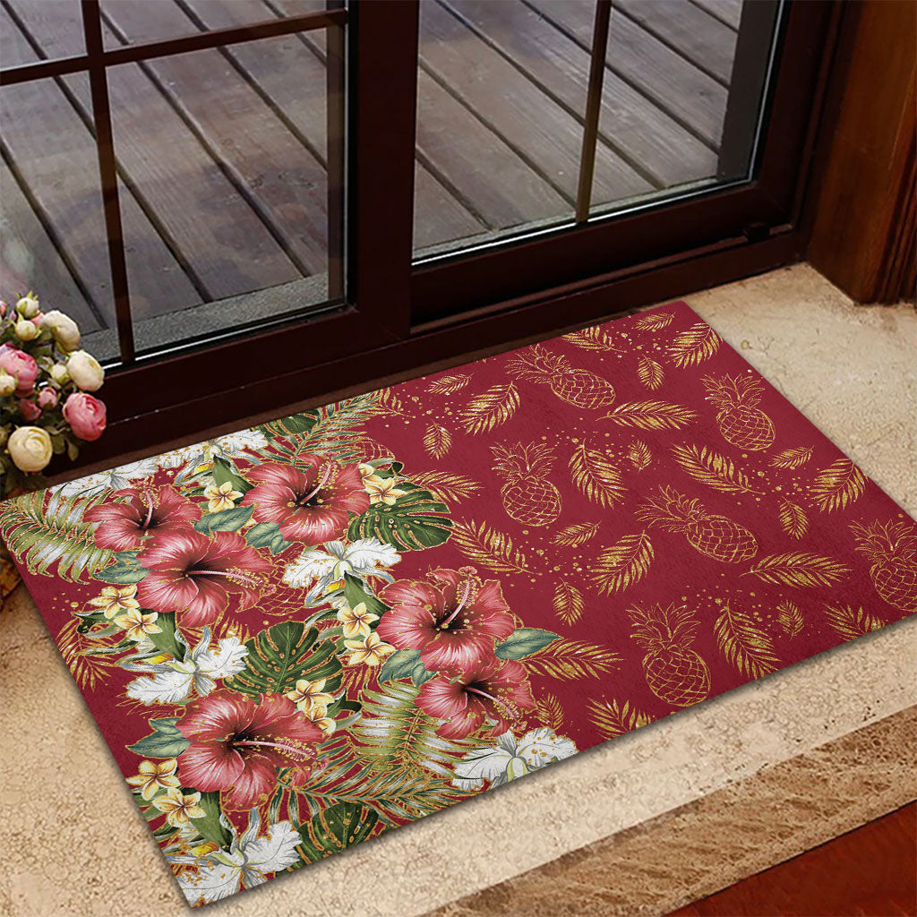Hawaii Discoverers Day Rubber Doormat Tropical Hibiscus Glitter Crimson LT05 - Polynesian Pride