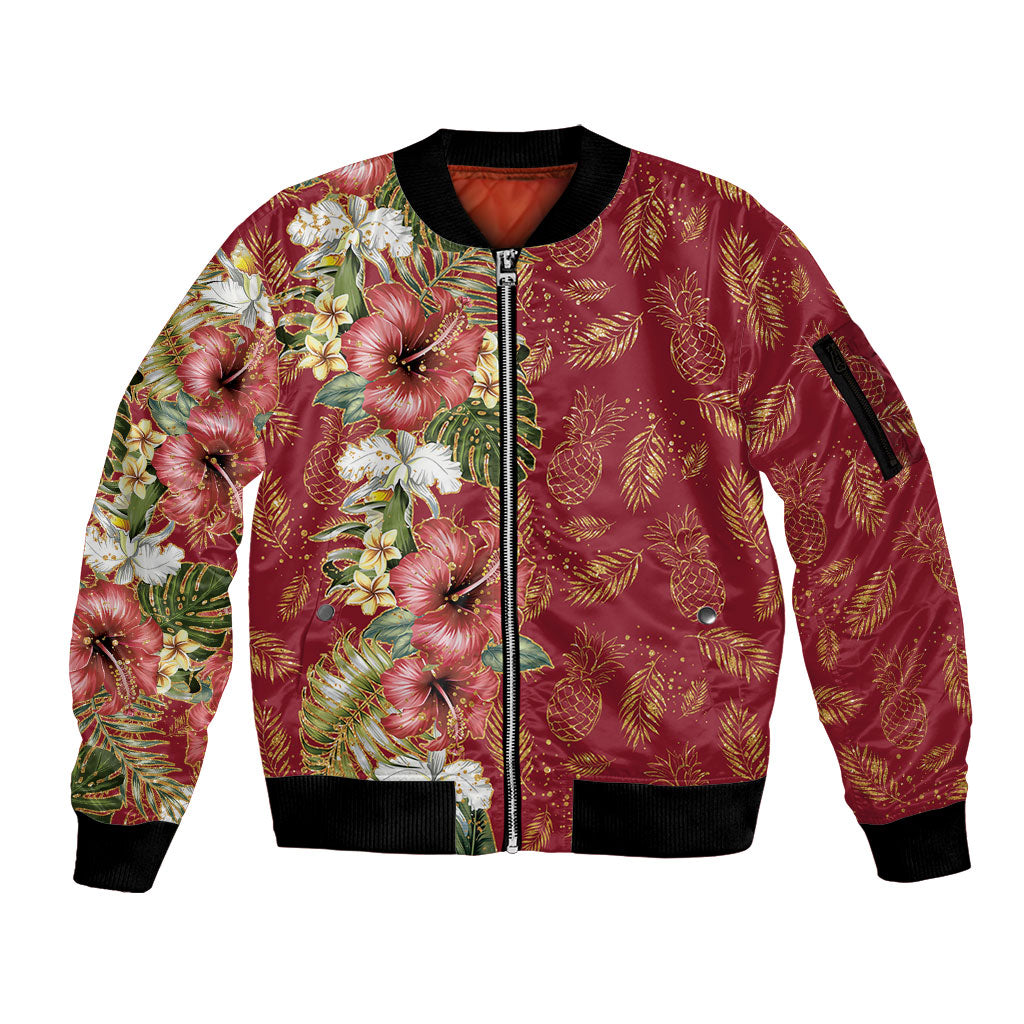 Hawaii Discoverers Day Sleeve Zip Bomber Jacket Tropical Hibiscus Glitter Crimson