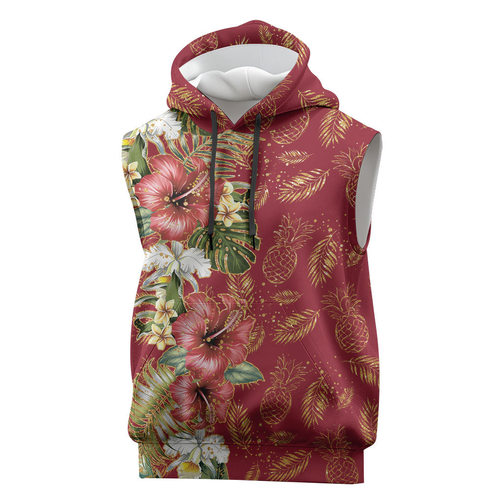 Hawaii Discoverers Day Sleeveless Hoodie Tropical Hibiscus Glitter Crimson LT05 Crimson - Polynesian Pride