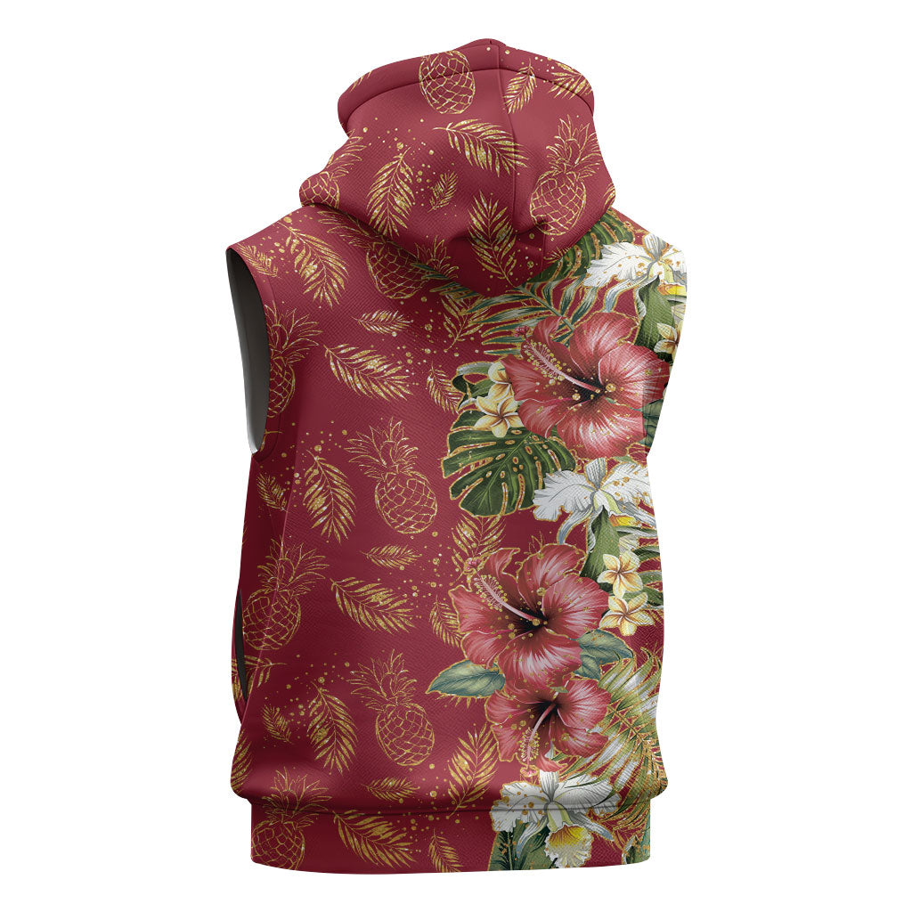 Hawaii Discoverers Day Sleeveless Hoodie Tropical Hibiscus Glitter Crimson LT05 - Polynesian Pride