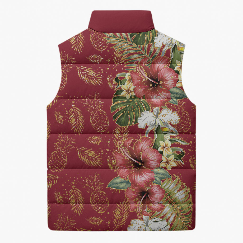 Hawaii Discoverers Day Sleeveless Puffer Jacket Tropical Hibiscus Glitter Crimson LT05 - Polynesian Pride