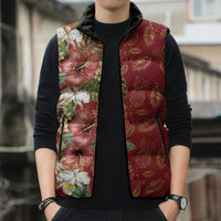 Hawaii Discoverers Day Sleeveless Puffer Jacket Tropical Hibiscus Glitter Crimson LT05 - Polynesian Pride