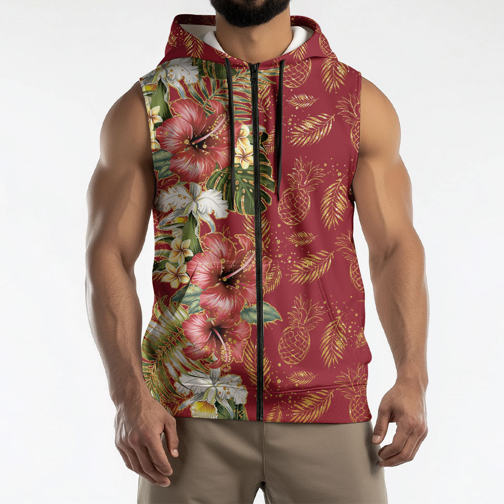 Hawaii Discoverers Day Sleeveless Zip Hoodie Tropical Hibiscus Glitter Crimson LT05 - Polynesian Pride