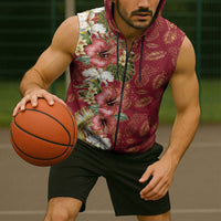 Hawaii Discoverers Day Sleeveless Zip Hoodie Tropical Hibiscus Glitter Crimson LT05 - Polynesian Pride