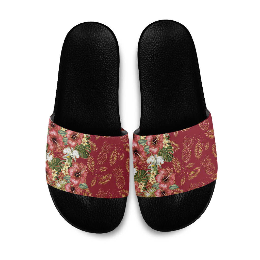 Hawaii Discoverers Day Slide Sandals Tropical Hibiscus Glitter Crimson LT05 Crimson - Polynesian Pride