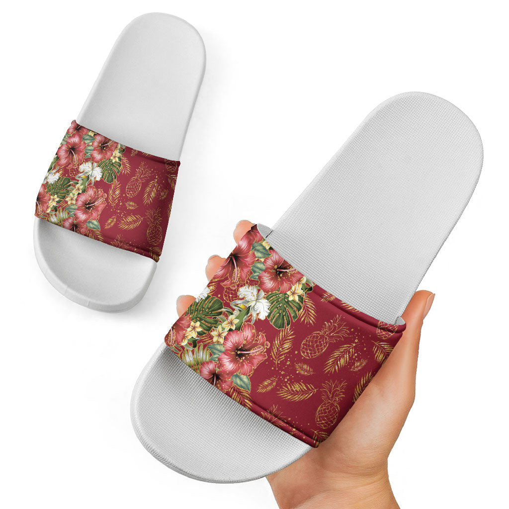Hawaii Discoverers Day Slide Sandals Tropical Hibiscus Glitter Crimson LT05 - Polynesian Pride