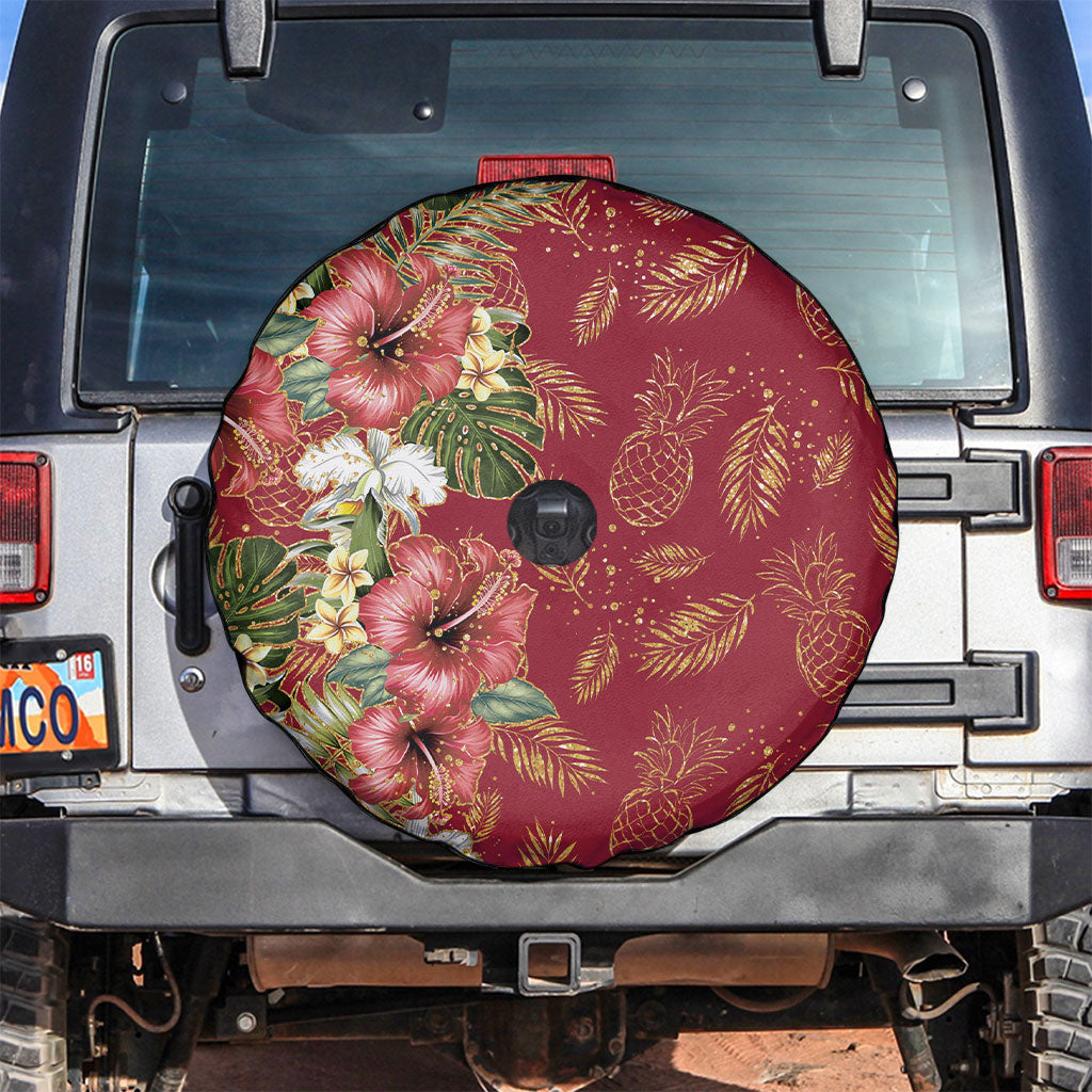 Hawaii Discoverers Day Spare Tire Cover Tropical Hibiscus Glitter Crimson LT05 Crimson - Polynesian Pride