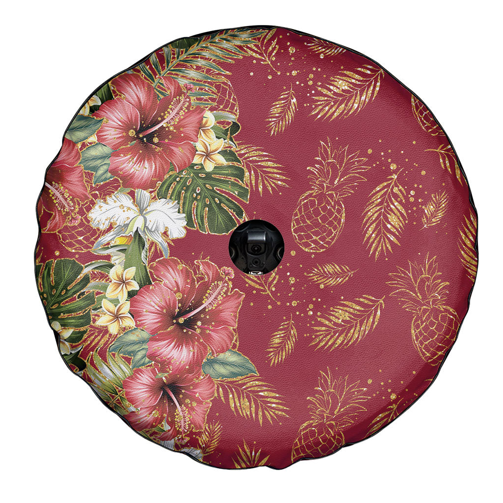 Hawaii Discoverers Day Spare Tire Cover Tropical Hibiscus Glitter Crimson LT05 - Polynesian Pride