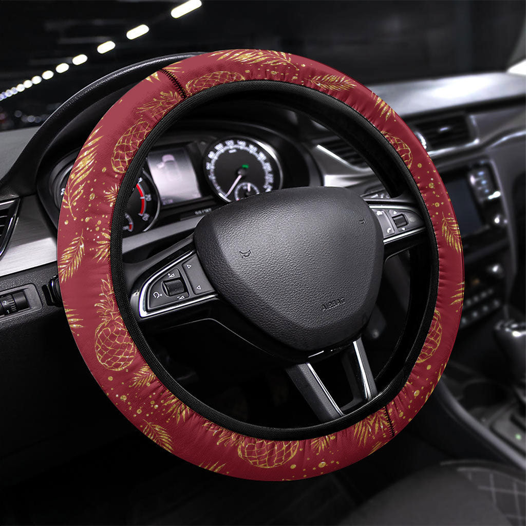 Hawaii Discoverers Day Steering Wheel Cover Tropical Hibiscus Glitter Crimson