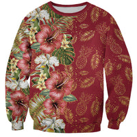 Hawaii Discoverers Day Sweatshirt Tropical Hibiscus Glitter Crimson