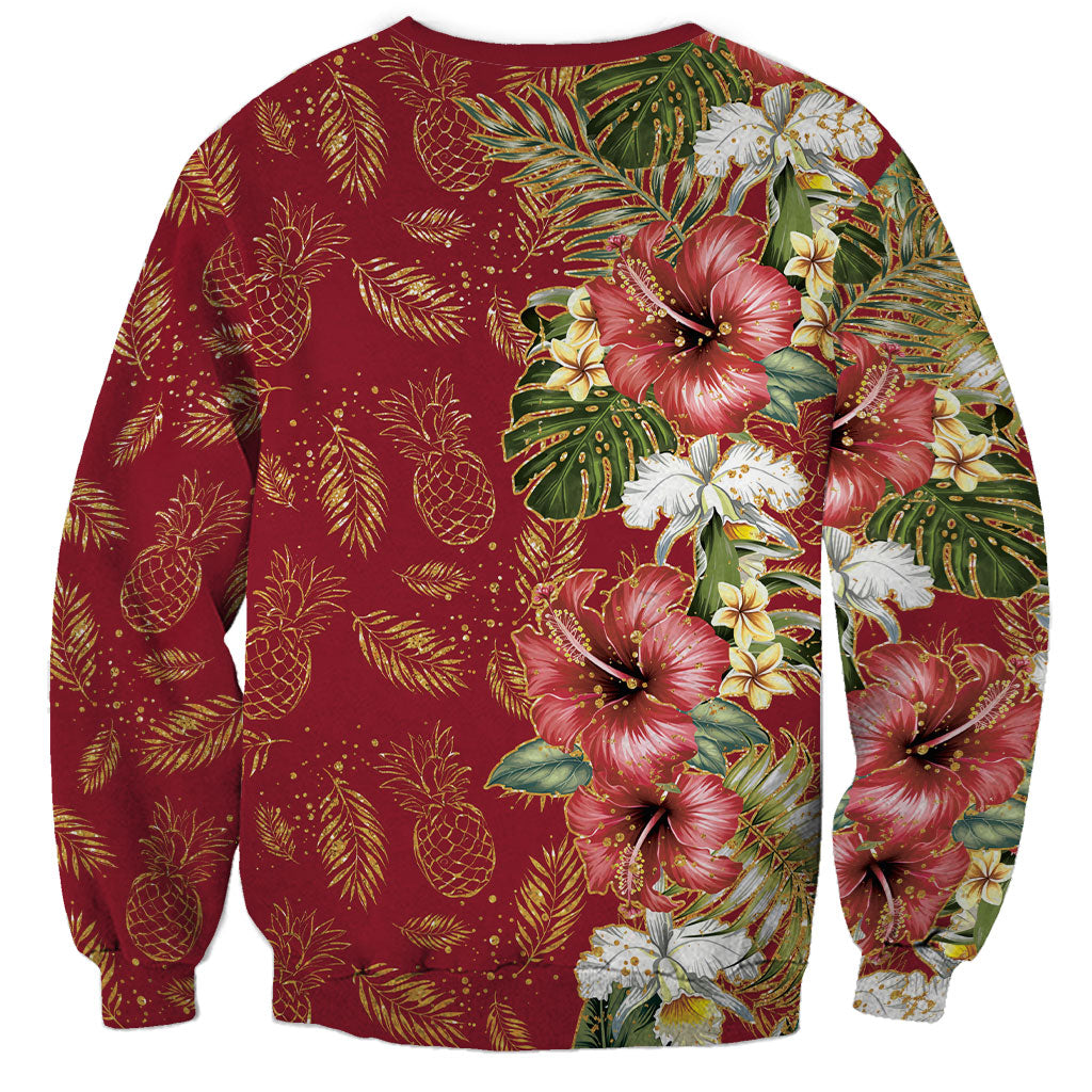 Hawaii Discoverers Day Sweatshirt Tropical Hibiscus Glitter Crimson