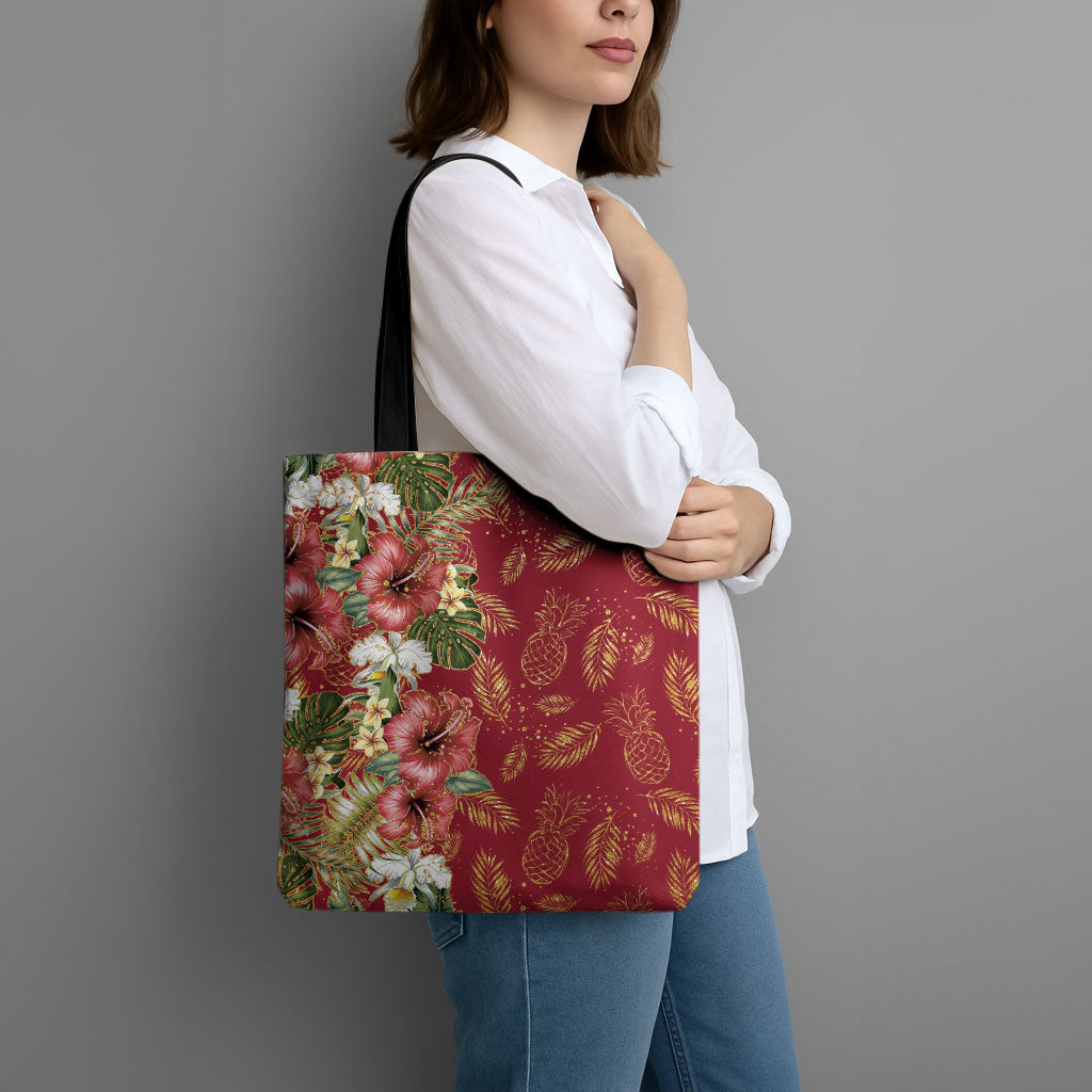 Hawaii Discoverers Day Tote Bag Tropical Hibiscus Glitter Crimson LT05 - Polynesian Pride