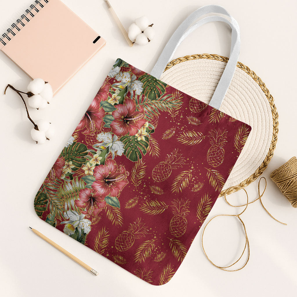 Hawaii Discoverers Day Tote Bag Tropical Hibiscus Glitter Crimson LT05 White Strap One Size Crimson - Polynesian Pride