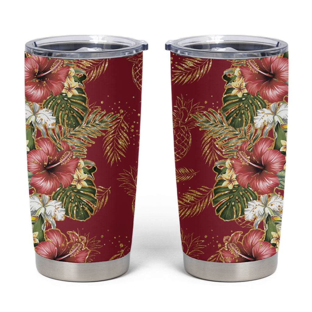 Hawaii Discoverers Day Tumbler Cup Tropical Hibiscus Glitter Crimson LT05 Crimson - Polynesian Pride