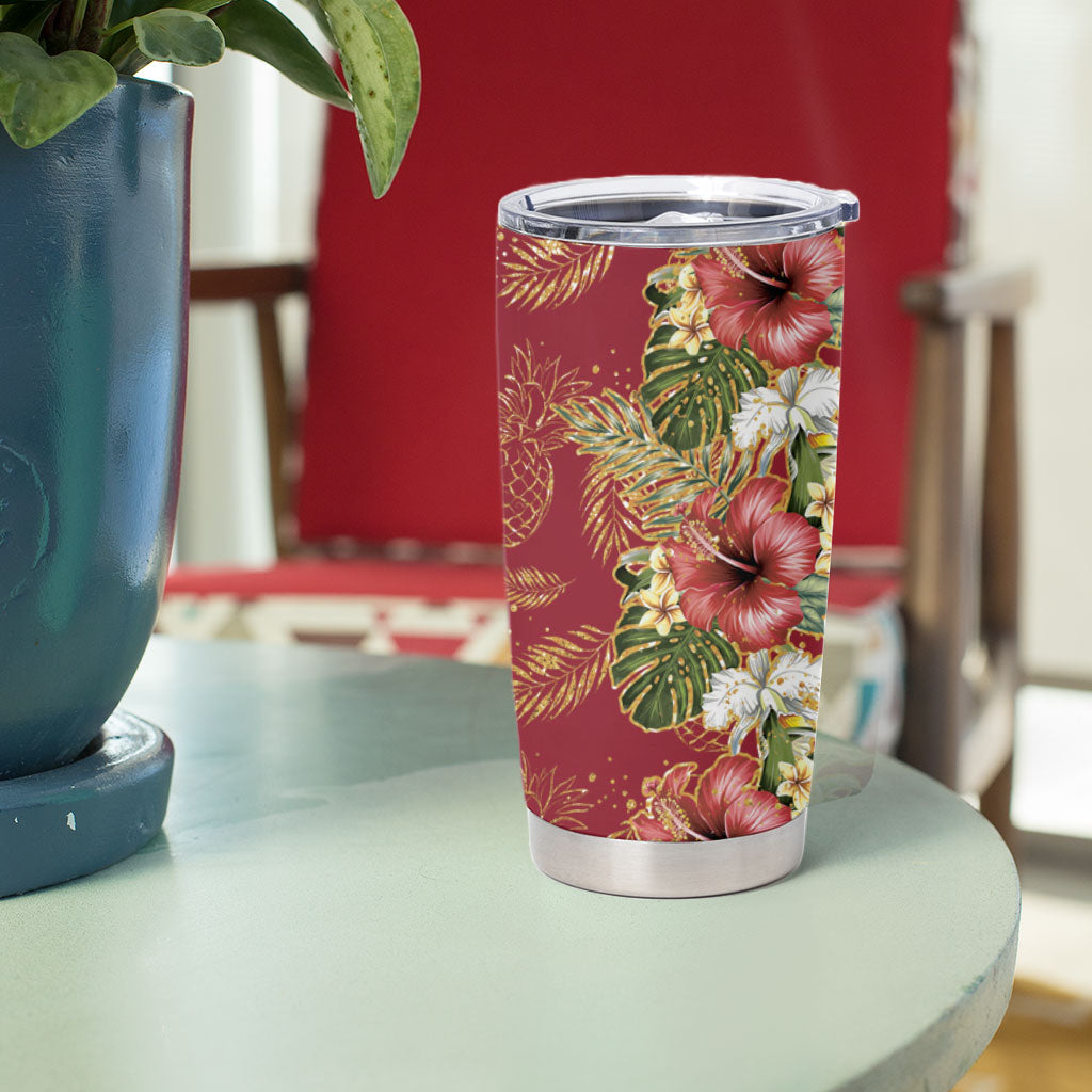 Hawaii Discoverers Day Tumbler Cup Tropical Hibiscus Glitter Crimson LT05 - Polynesian Pride