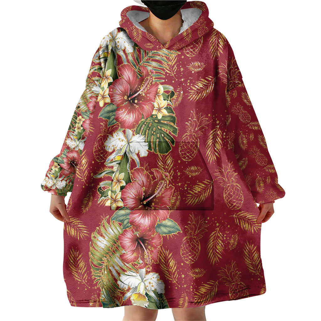 Hawaii Discoverers Day Wearable Blanket Hoodie Tropical Hibiscus Glitter Crimson LT05 - Polynesian Pride