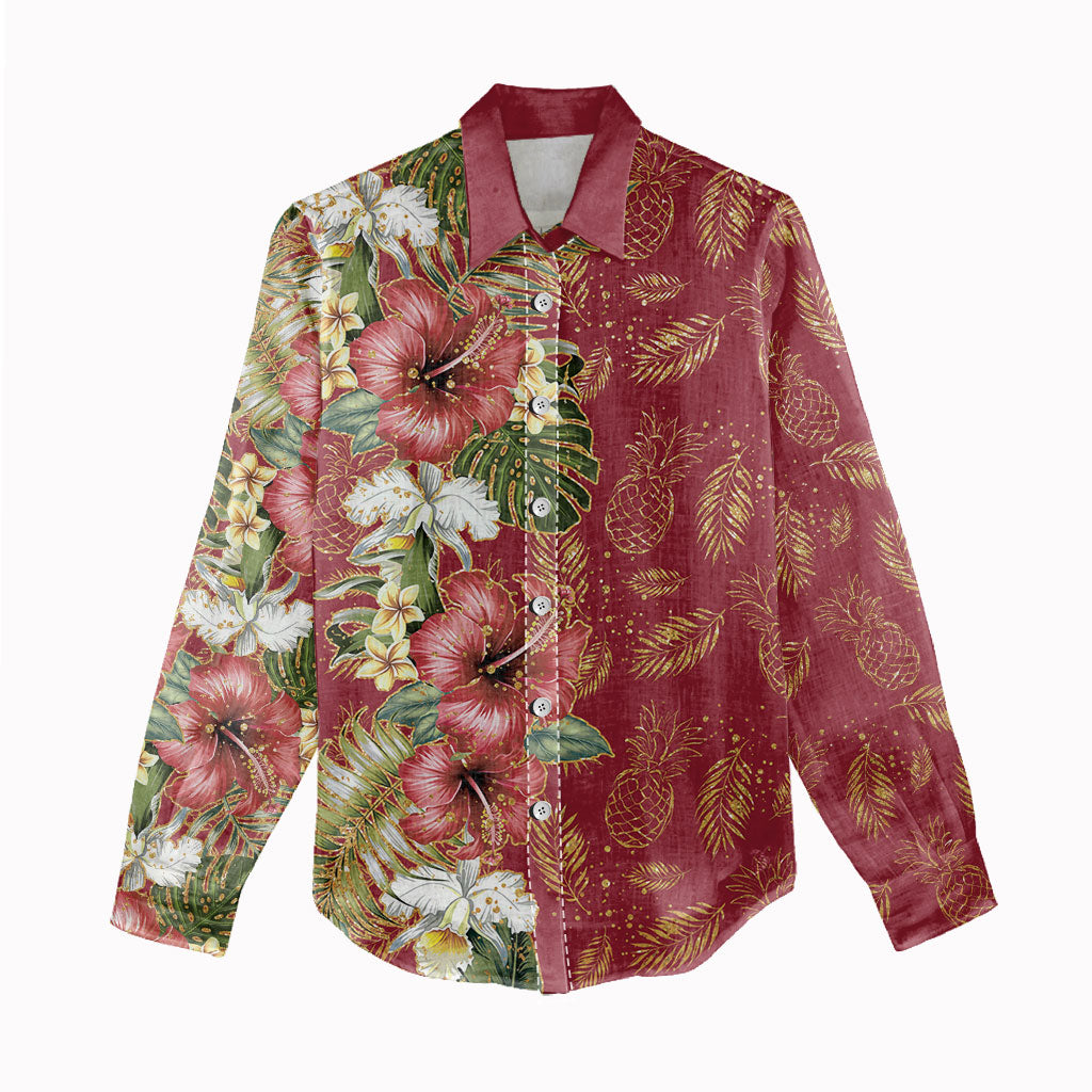 Hawaii Discoverers Day Women Casual Shirt Tropical Hibiscus Glitter Crimson LT05 - Polynesian Pride