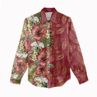 Hawaii Discoverers Day Women Casual Shirt Tropical Hibiscus Glitter Crimson LT05 - Polynesian Pride