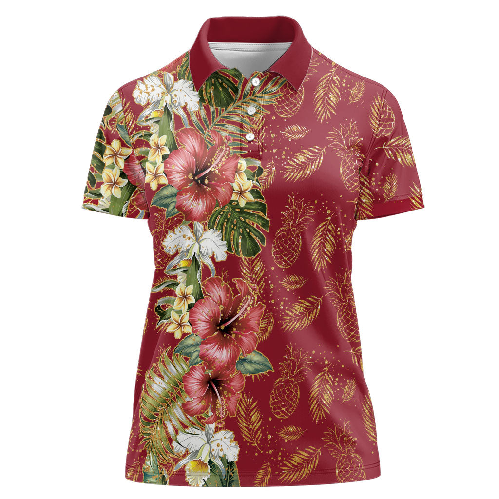 Hawaii Discoverers Day Women Polo Shirt Tropical Hibiscus Glitter Crimson LT05 Female Crimson - Polynesian Pride