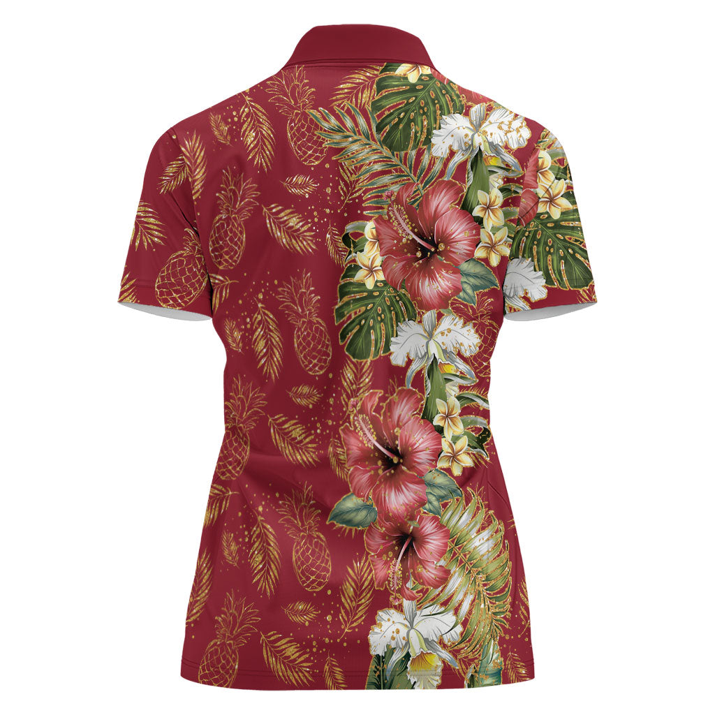 Hawaii Discoverers Day Women Polo Shirt Tropical Hibiscus Glitter Crimson LT05 - Polynesian Pride