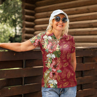 Hawaii Discoverers Day Women Polo Shirt Tropical Hibiscus Glitter Crimson LT05 - Polynesian Pride