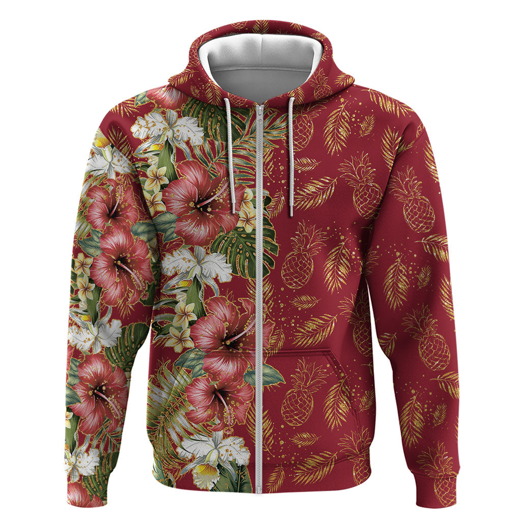 Hawaii Discoverers Day Zip Hoodie Tropical Hibiscus Glitter Crimson LT05 Zip Hoodie Crimson - Polynesian Pride