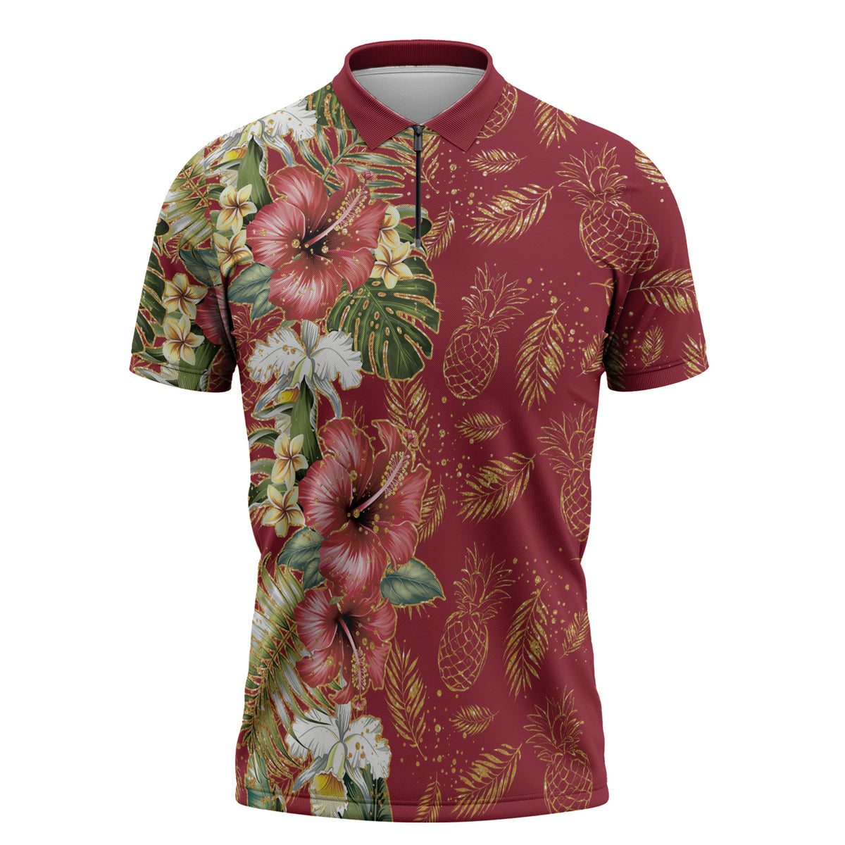 Hawaii Discoverers Day Zipper Polo Shirt Tropical Hibiscus Glitter Crimson LT05 Crimson - Polynesian Pride