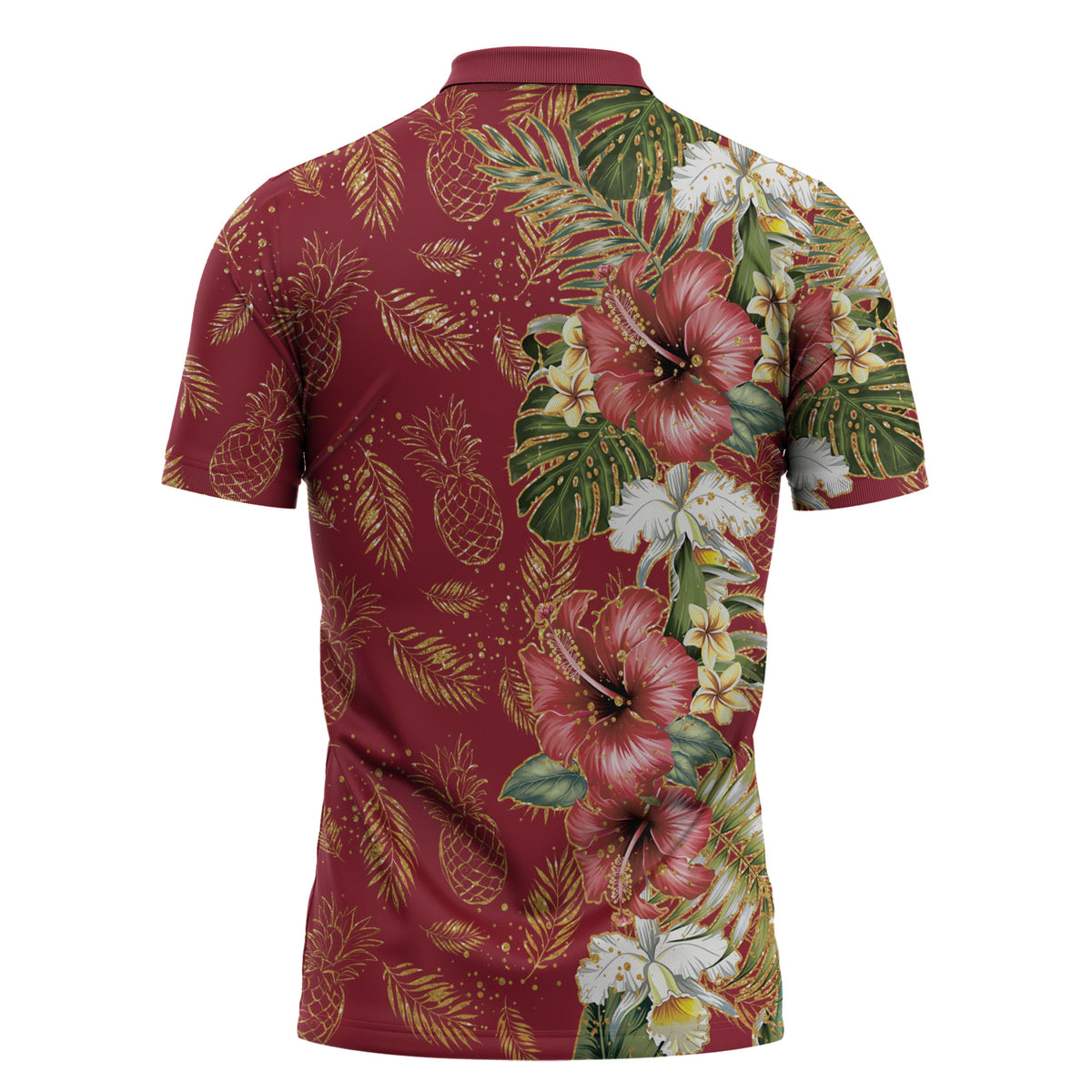 Hawaii Discoverers Day Zipper Polo Shirt Tropical Hibiscus Glitter Crimson LT05 - Polynesian Pride