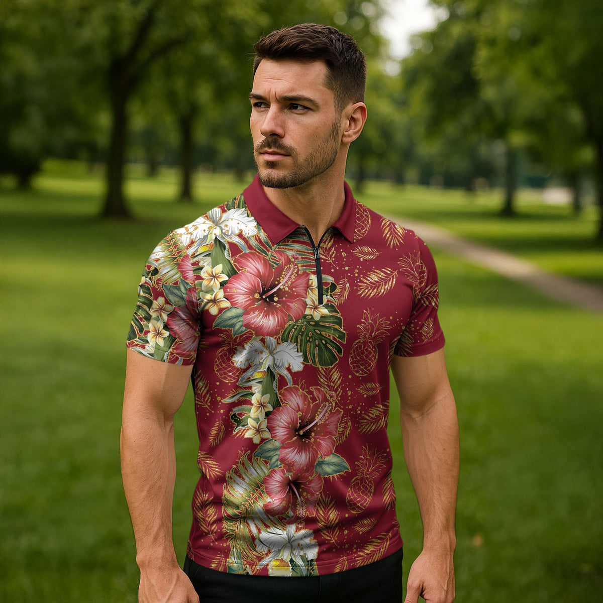 Hawaii Discoverers Day Zipper Polo Shirt Tropical Hibiscus Glitter Crimson LT05 - Polynesian Pride