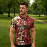 Hawaii Discoverers Day Zipper Polo Shirt Tropical Hibiscus Glitter Crimson LT05 - Polynesian Pride