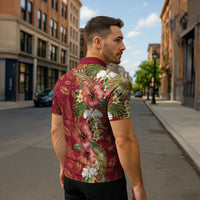 Hawaii Discoverers Day Zipper Polo Shirt Tropical Hibiscus Glitter Crimson LT05 - Polynesian Pride