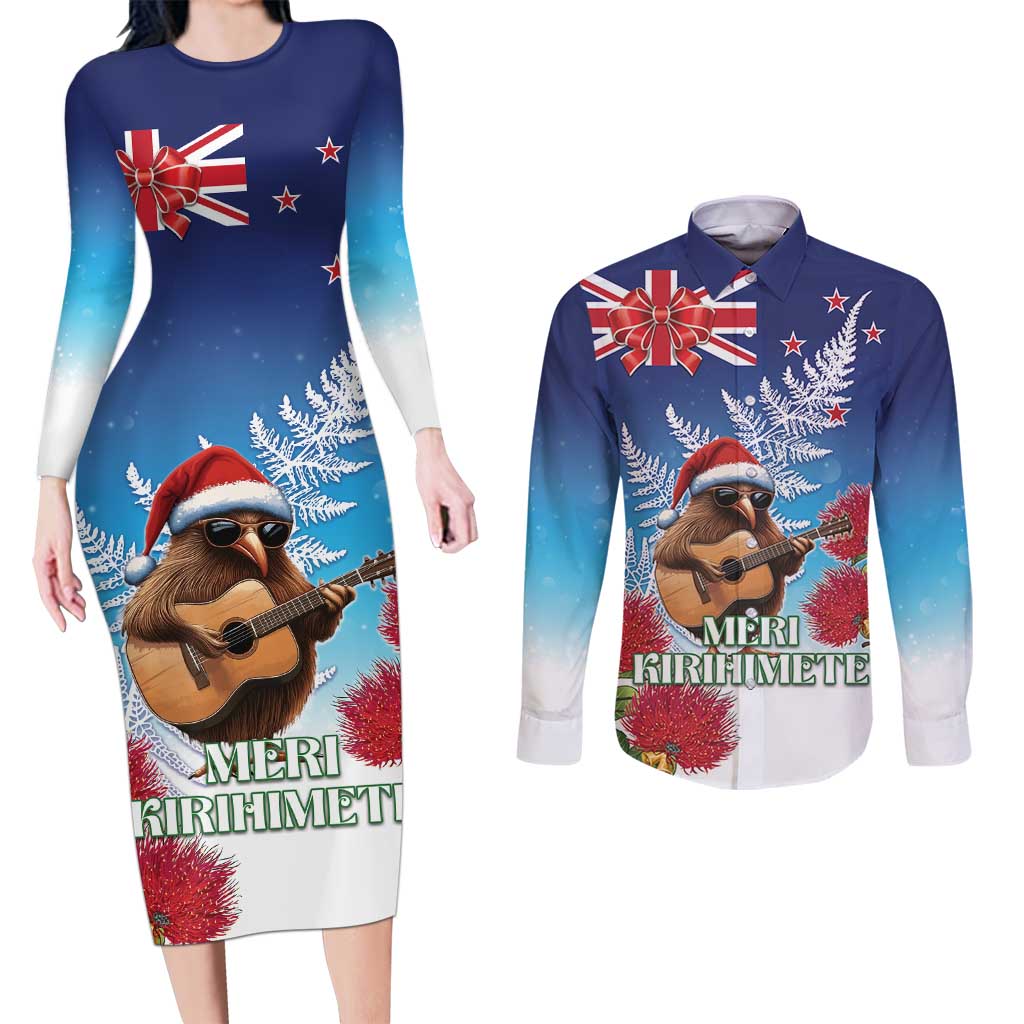 New Zealand Kiwi Christmas Couples Matching Long Sleeve Bodycon Dress and Long Sleeve Button Shirt Xmas Vibe LT05 Blue - Polynesian Pride