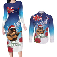 New Zealand Kiwi Christmas Couples Matching Long Sleeve Bodycon Dress and Long Sleeve Button Shirt Xmas Vibe LT05 Blue - Polynesian Pride