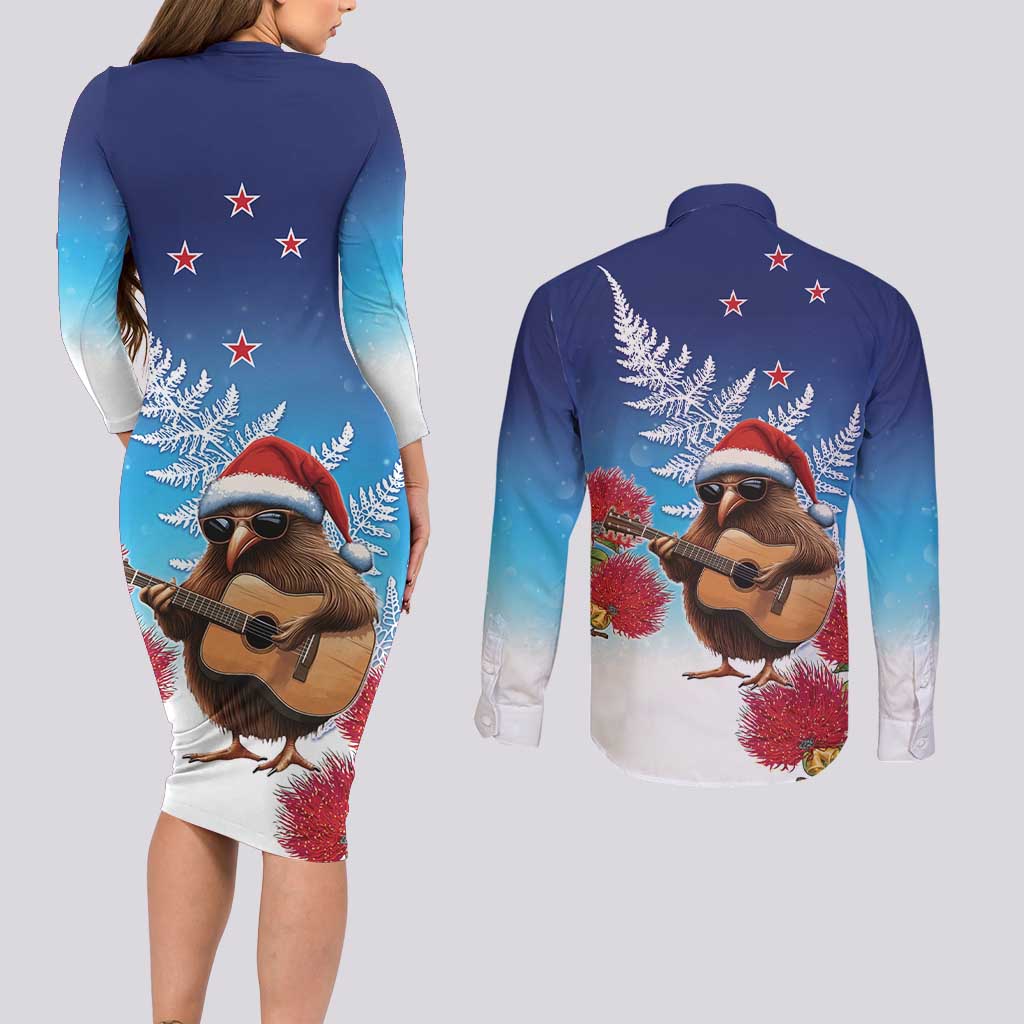 New Zealand Kiwi Christmas Couples Matching Long Sleeve Bodycon Dress and Long Sleeve Button Shirt Xmas Vibe LT05 - Polynesian Pride