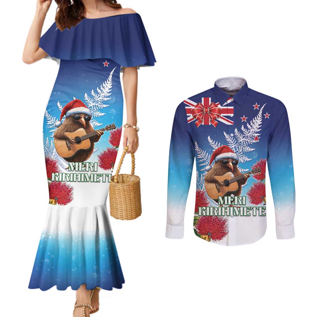 New Zealand Kiwi Christmas Couples Matching Mermaid Dress and Long Sleeve Button Shirt Xmas Vibe LT05 Blue - Polynesian Pride