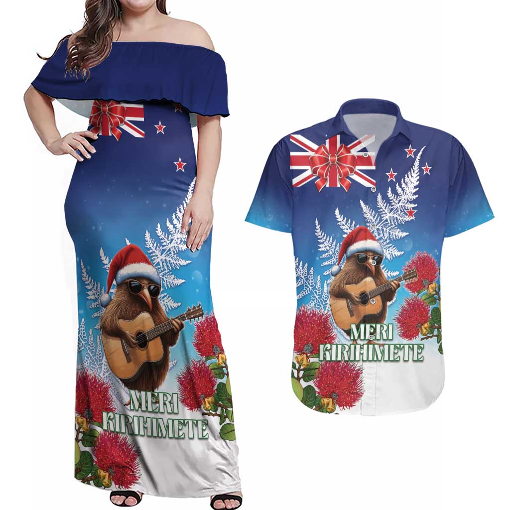 New Zealand Kiwi Christmas Couples Matching Off Shoulder Maxi Dress and Hawaiian Shirt Xmas Vibe LT05 Blue - Polynesian Pride