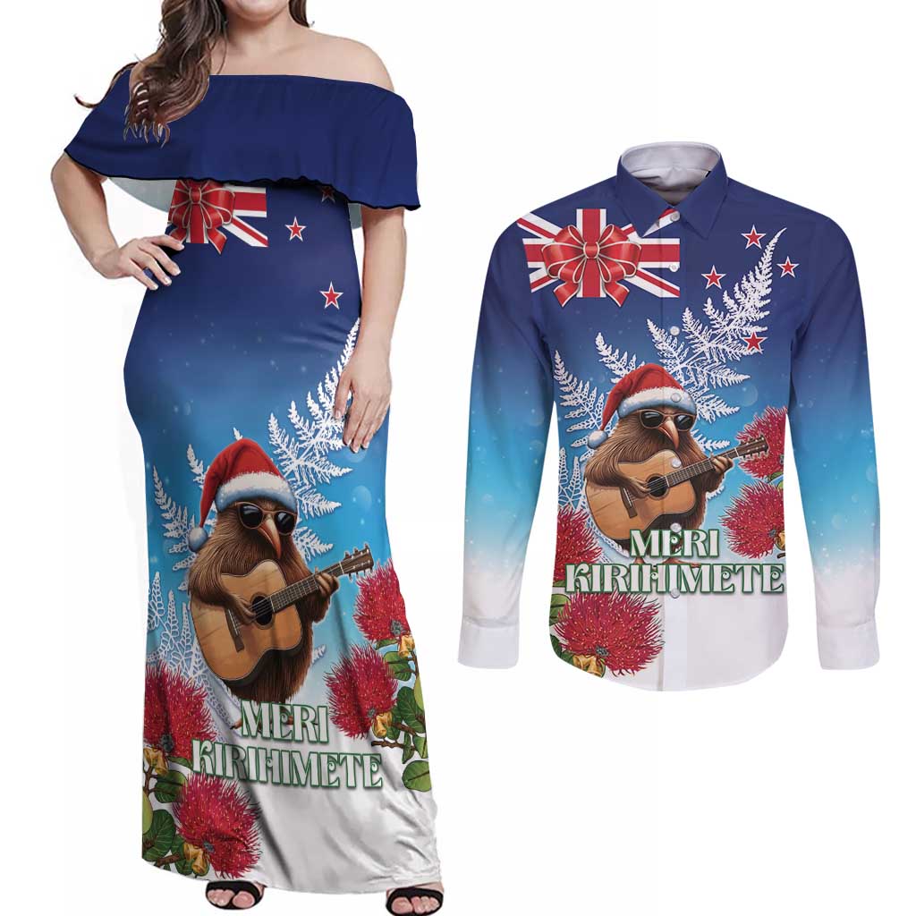 New Zealand Kiwi Christmas Couples Matching Off Shoulder Maxi Dress and Long Sleeve Button Shirt Xmas Vibe LT05 Blue - Polynesian Pride