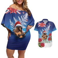 New Zealand Kiwi Christmas Couples Matching Off Shoulder Short Dress and Hawaiian Shirt Xmas Vibe LT05 Blue - Polynesian Pride