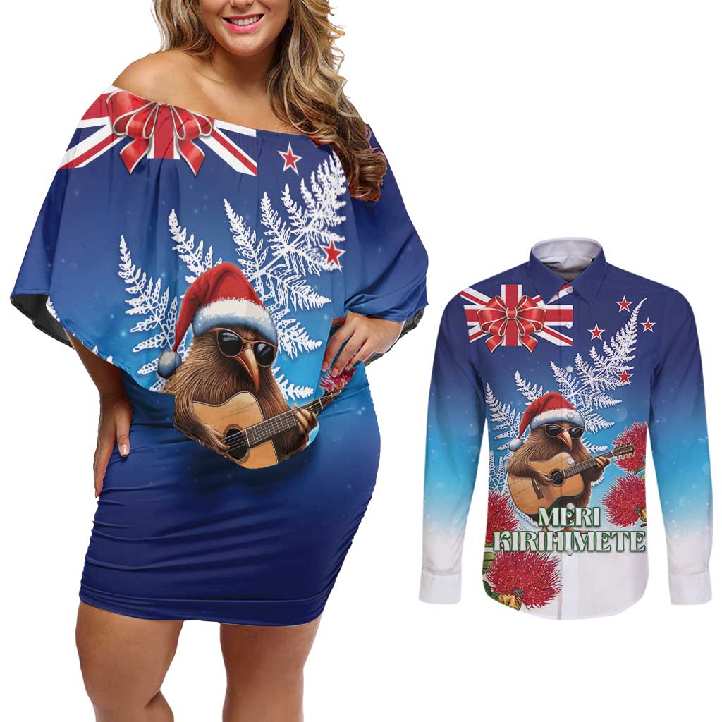 New Zealand Kiwi Christmas Couples Matching Off Shoulder Short Dress and Long Sleeve Button Shirt Xmas Vibe LT05 Blue - Polynesian Pride