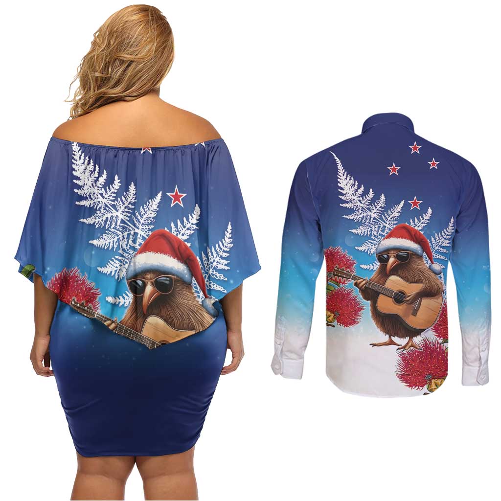 New Zealand Kiwi Christmas Couples Matching Off Shoulder Short Dress and Long Sleeve Button Shirt Xmas Vibe LT05 - Polynesian Pride