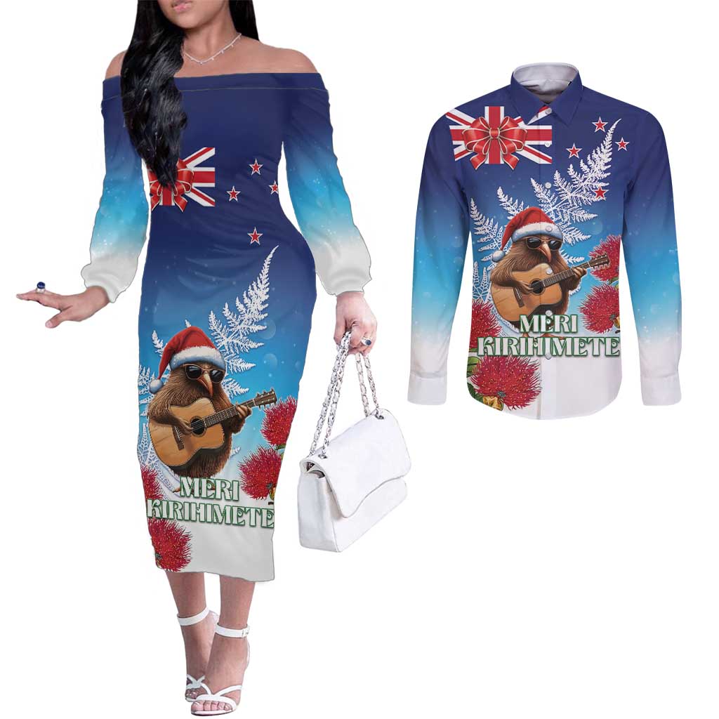 New Zealand Kiwi Christmas Couples Matching Off The Shoulder Long Sleeve Dress and Long Sleeve Button Shirt Xmas Vibe LT05 Blue - Polynesian Pride