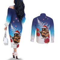 New Zealand Kiwi Christmas Couples Matching Off The Shoulder Long Sleeve Dress and Long Sleeve Button Shirt Xmas Vibe LT05 - Polynesian Pride