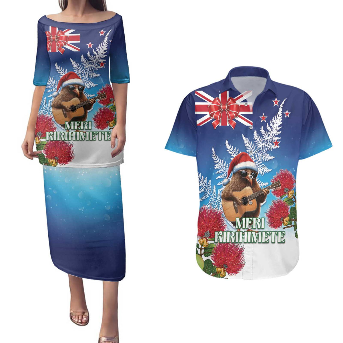 New Zealand Kiwi Christmas Couples Matching Puletasi and Hawaiian Shirt Xmas Vibe LT05 Blue - Polynesian Pride