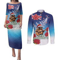 New Zealand Kiwi Christmas Couples Matching Puletasi and Long Sleeve Button Shirt Xmas Vibe LT05 Blue - Polynesian Pride