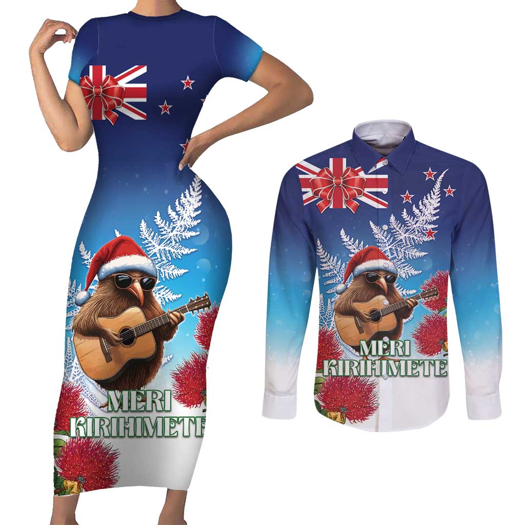 New Zealand Kiwi Christmas Couples Matching Short Sleeve Bodycon Dress and Long Sleeve Button Shirt Xmas Vibe LT05 Blue - Polynesian Pride