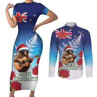 New Zealand Kiwi Christmas Couples Matching Short Sleeve Bodycon Dress and Long Sleeve Button Shirt Xmas Vibe LT05 Blue - Polynesian Pride