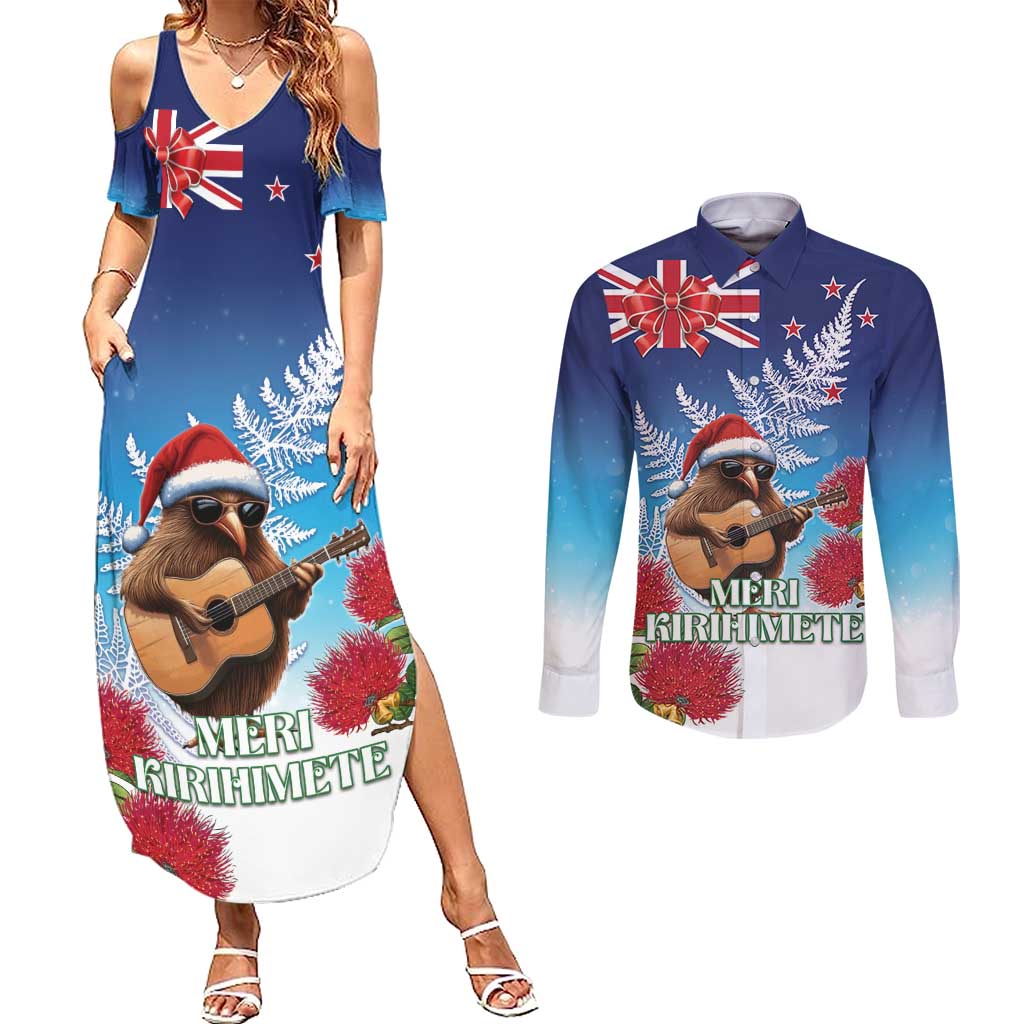 New Zealand Kiwi Christmas Couples Matching Summer Maxi Dress and Long Sleeve Button Shirt Xmas Vibe LT05 Blue - Polynesian Pride