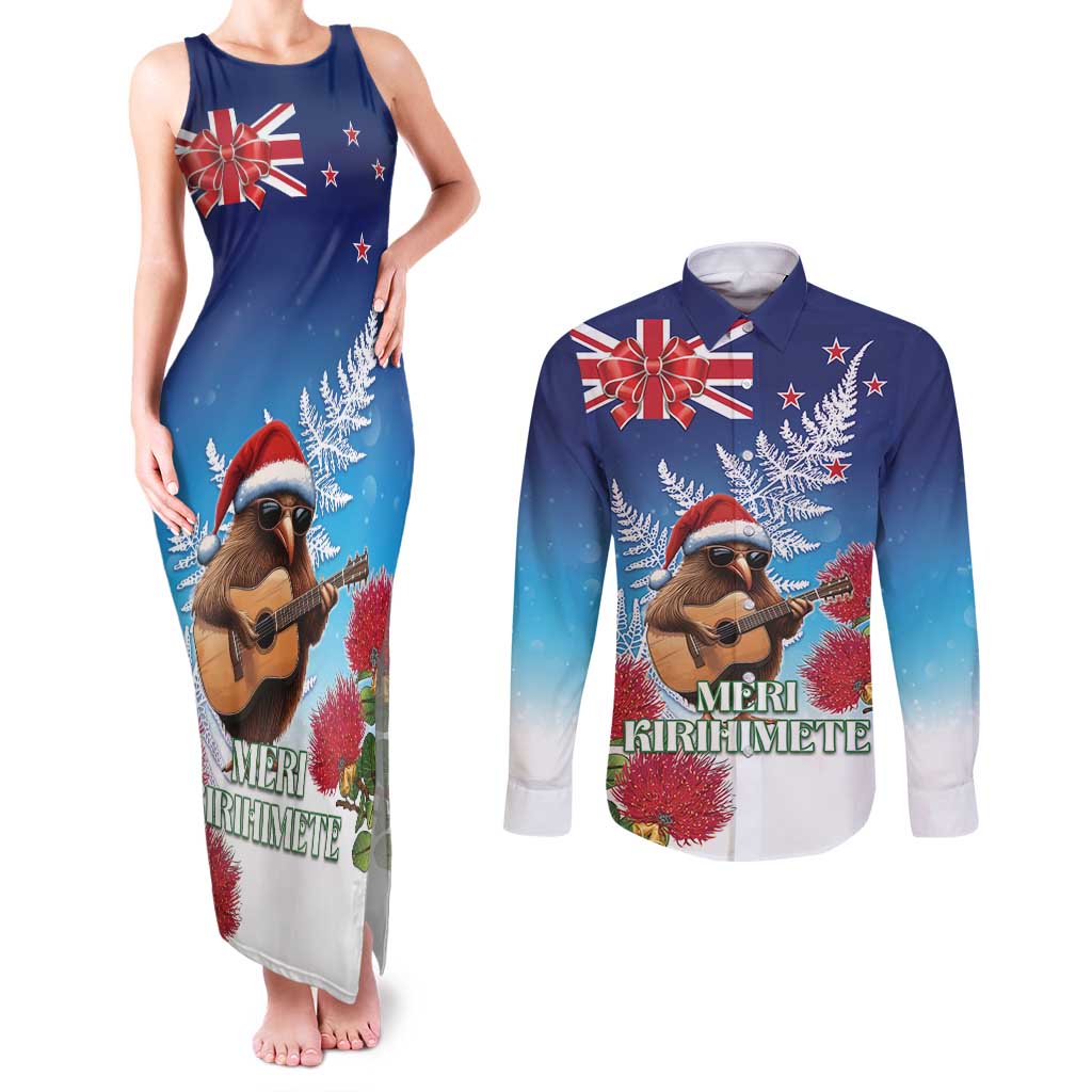 New Zealand Kiwi Christmas Couples Matching Tank Maxi Dress and Long Sleeve Button Shirt Xmas Vibe LT05 Blue - Polynesian Pride
