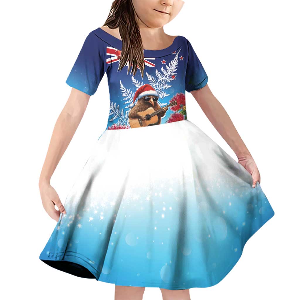 New Zealand Kiwi Christmas Family Matching Off Shoulder Short Dress and Hawaiian Shirt Xmas Vibe LT05 Daughter's Dress Blue - Polynesian Pride