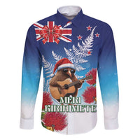 New Zealand Kiwi Christmas Family Matching Off Shoulder Short Dress and Hawaiian Shirt Xmas Vibe LT05 Dad's Shirt - Long Sleeve Blue - Polynesian Pride